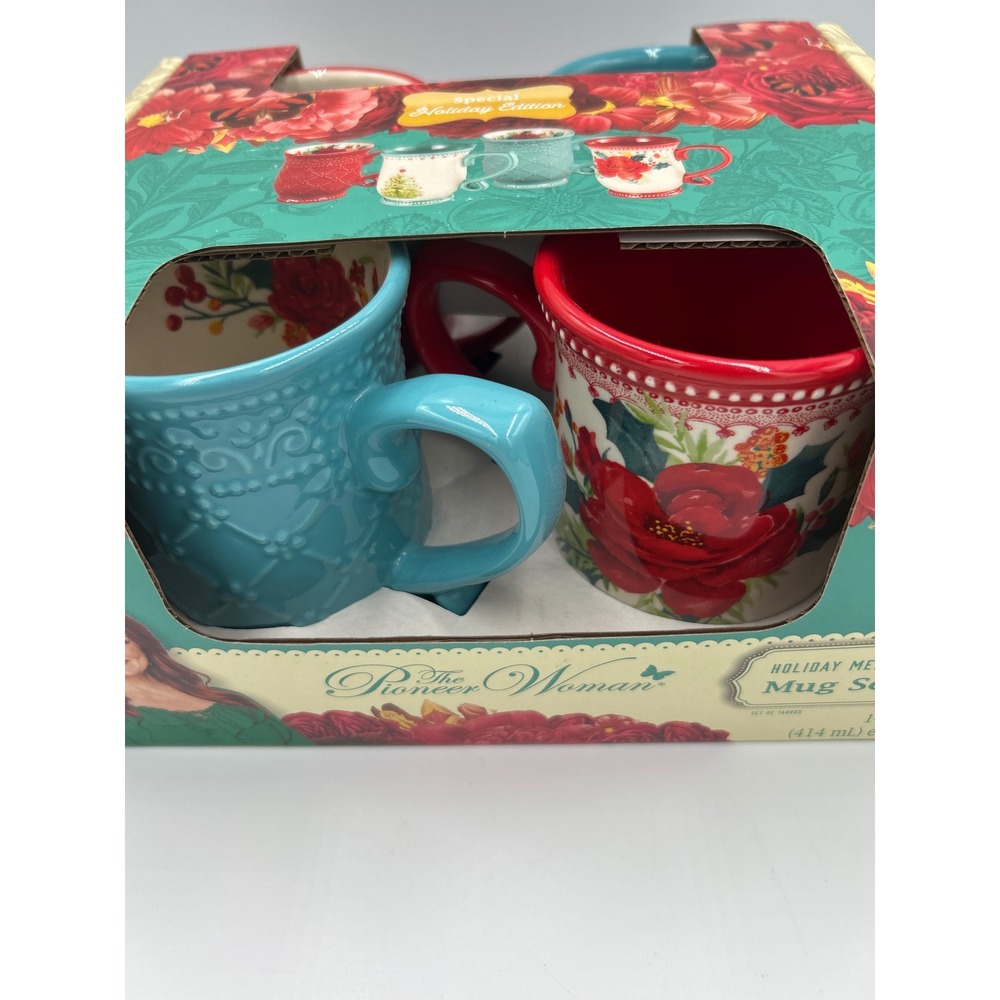 The Pioneer Woman Holiday Medley 4 Piece Mug Set 14oz Stoneware Christmas Floral - Picture 7 of 8